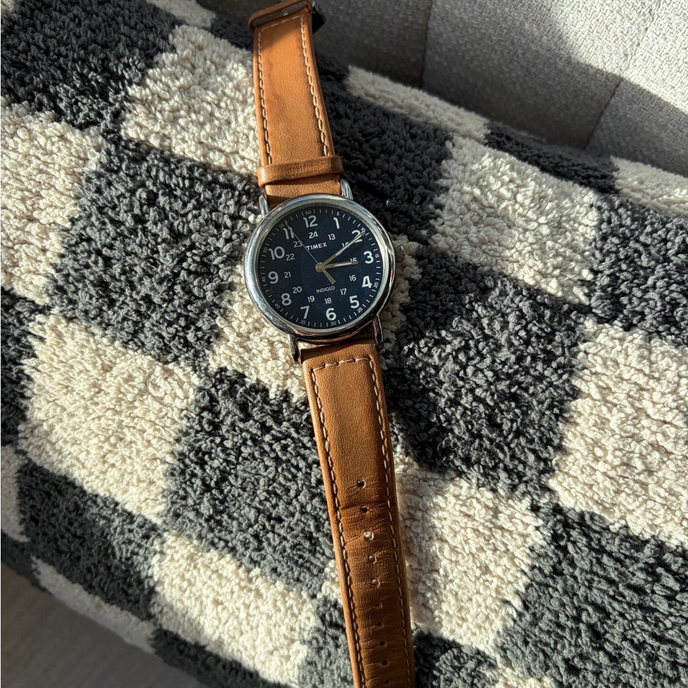 Timex Weekender Watch – Blue Dial, Brown Leather Strap